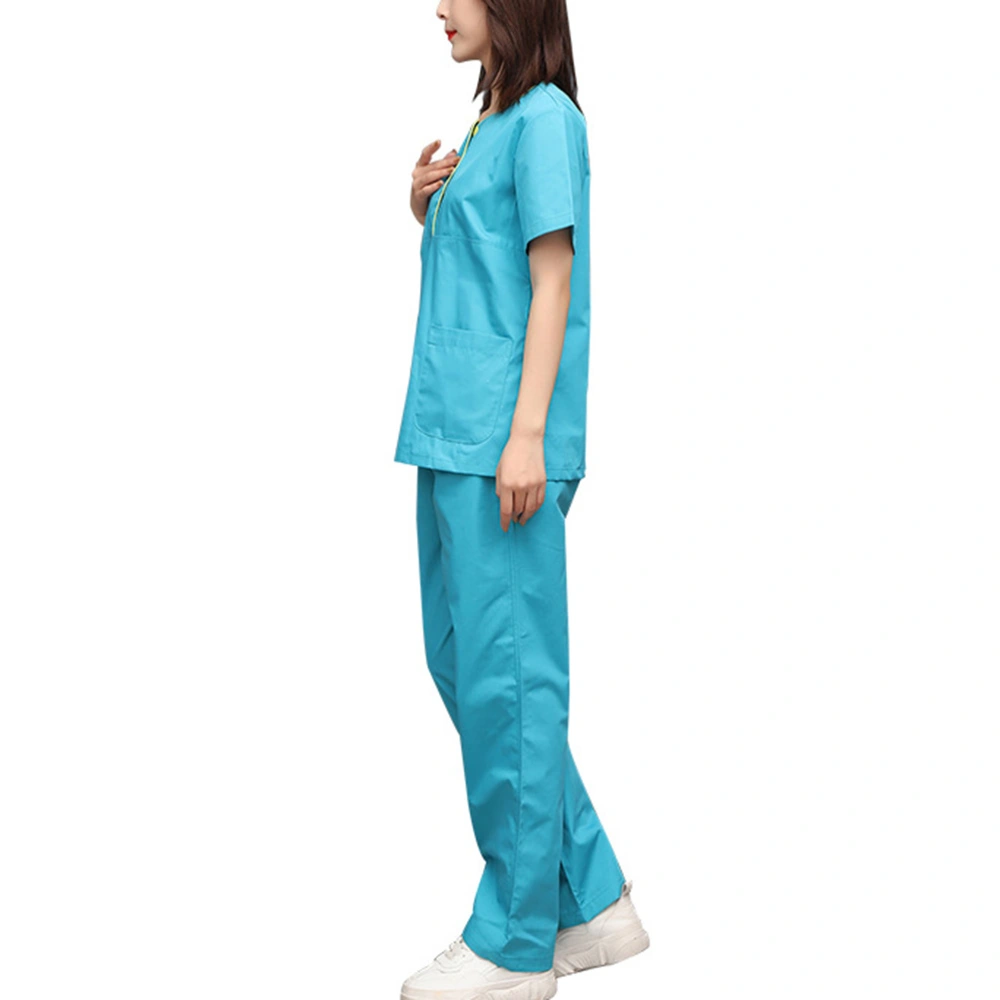 1 Set Lake Blue Beautician Nursing Uniform Cotton Hospital Apparel Clothes Short Sleeve Labour Suit Two-Pieces Fashion Costume- Size M