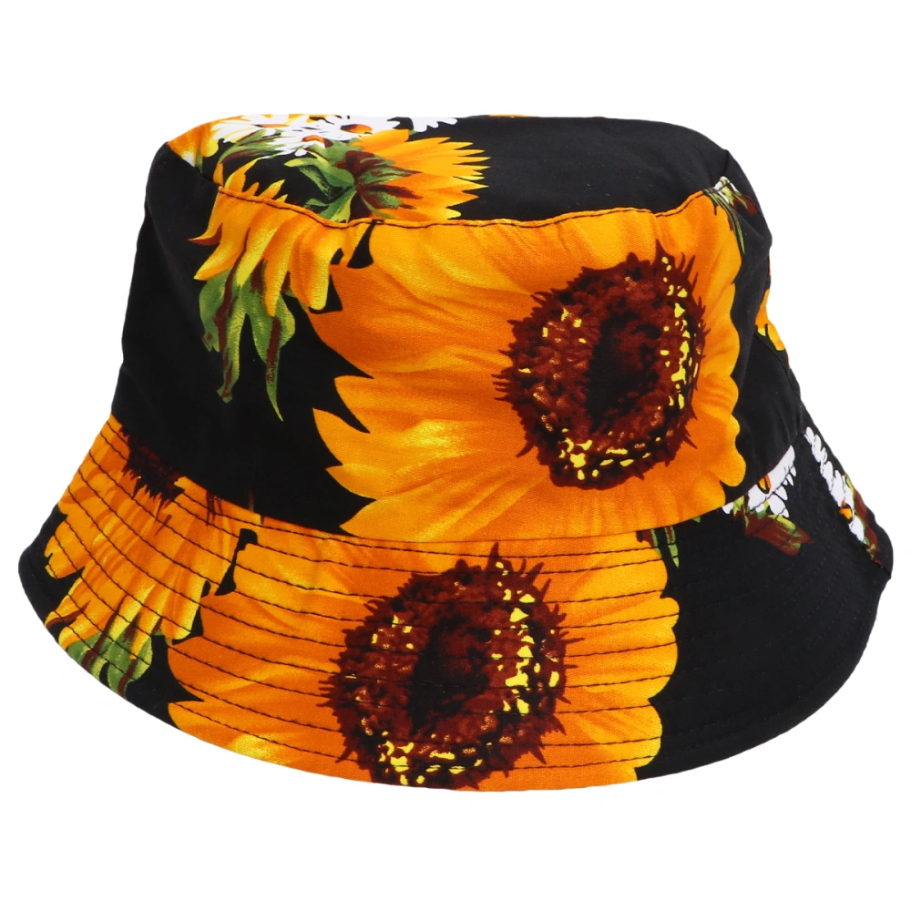 Bucket Hat Sunflower Printing Sun Hat Fashionable Outdoor Summer Sunshade for Woman (Black 58 cm Head Circumference)