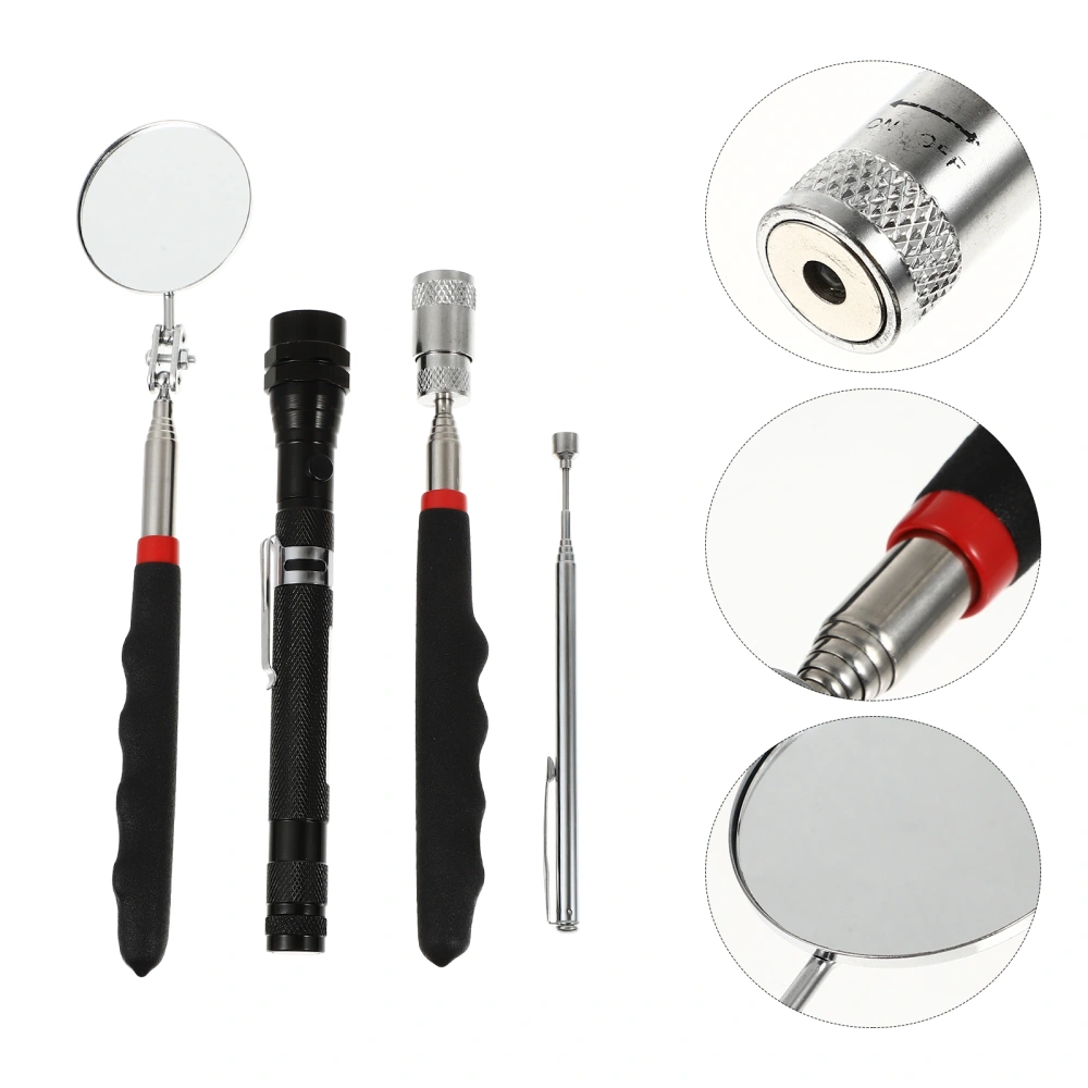 1 Set Telescopic Magnetic Pickup Tool Round Inspection Mirror Swivel Magnetic Flashlight