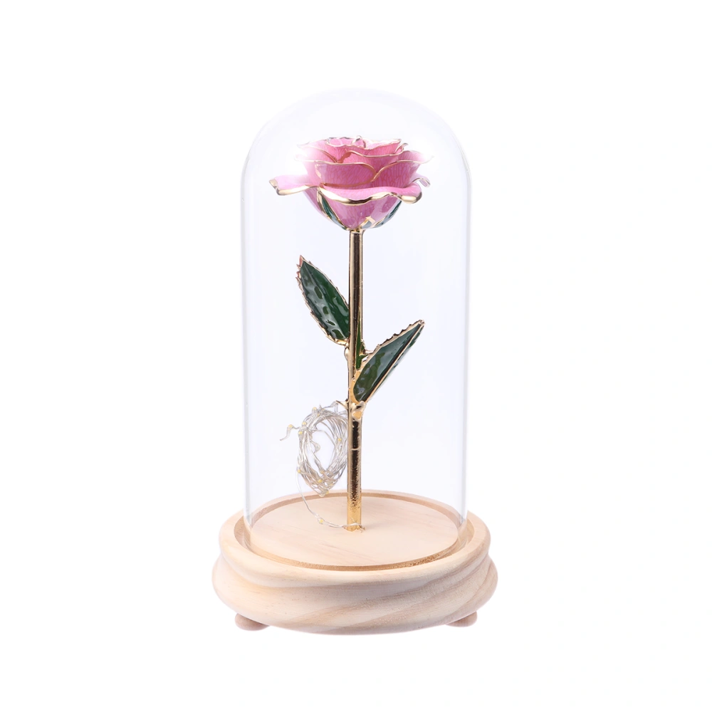 Pink Rose and Led Light in a Glass Dome on A Wooden Base for Wedding Birthday Party Club Decoration (Raw Wooden Base One Pink Rose)