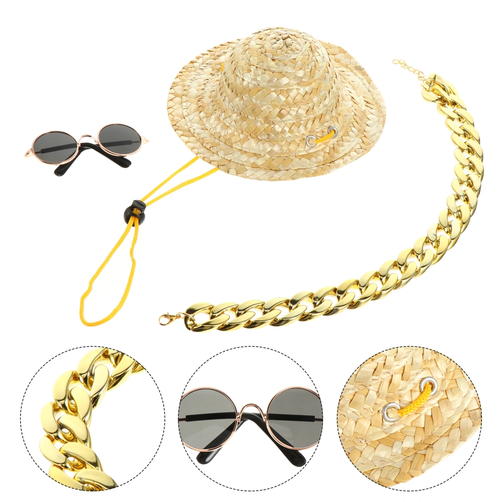 Pet Dog Accessories Set Puppy Straw Hat with Sunglasses and Necklace Dog Supply