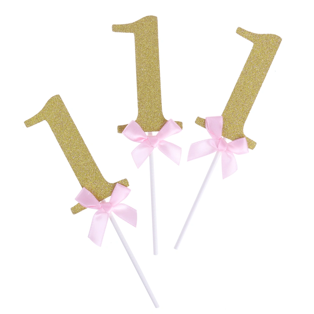 3 Pcs Glitter Gold and Pink Ribbon Bow-knot 1st Birthday Anniversary Event Party Cake Cupcake Decoration Toppers