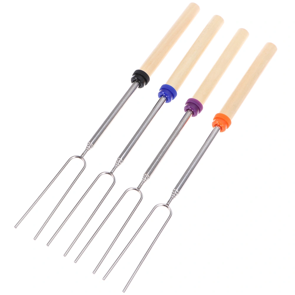 4pcs Outdoor BBQ Stainless Steel Barbecue Fork Extension U-shaped Wooden Handle BBQ Stick (Random Color)