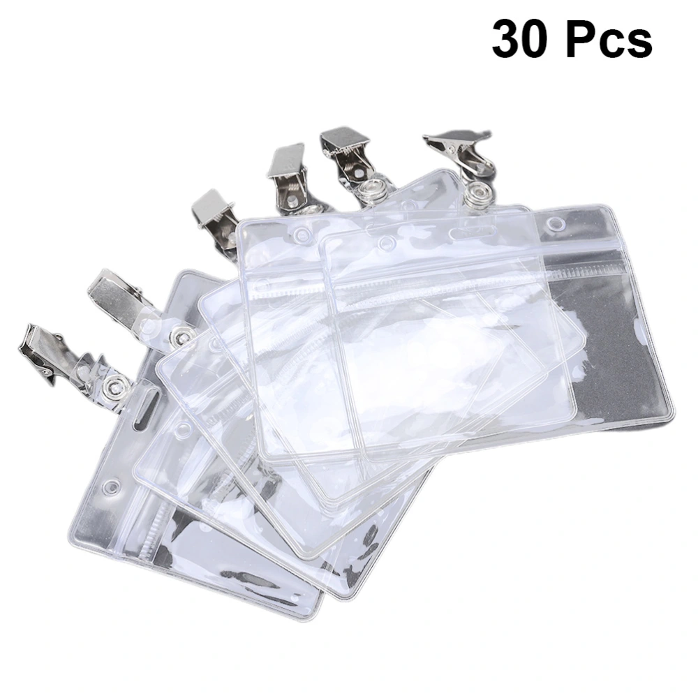 30 Sets Waterproof PVC ID Badge Holder Transparent Name Tag ID Holder with Metal Clips (Card Holder and Clips for Each 30pcs)