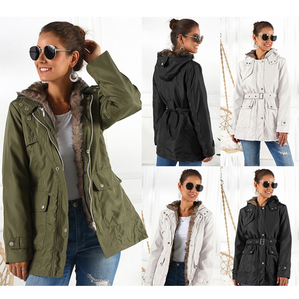 Winter Mid-long Coat Thicken Keep Warm Plush Removable Liner Windbreaker Women Ladies Hooded Coat (Size M, White)