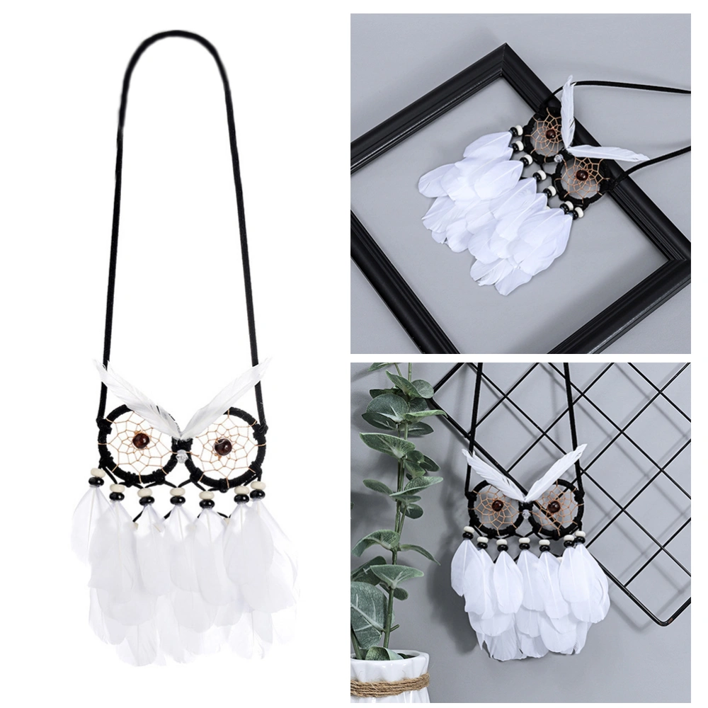 Owl Dream Catcher Feather Pendant Creative Sweet Girl Hanging Pendant Valentine's Day Gift Handmade Crafts Home Accessories (Black and White)