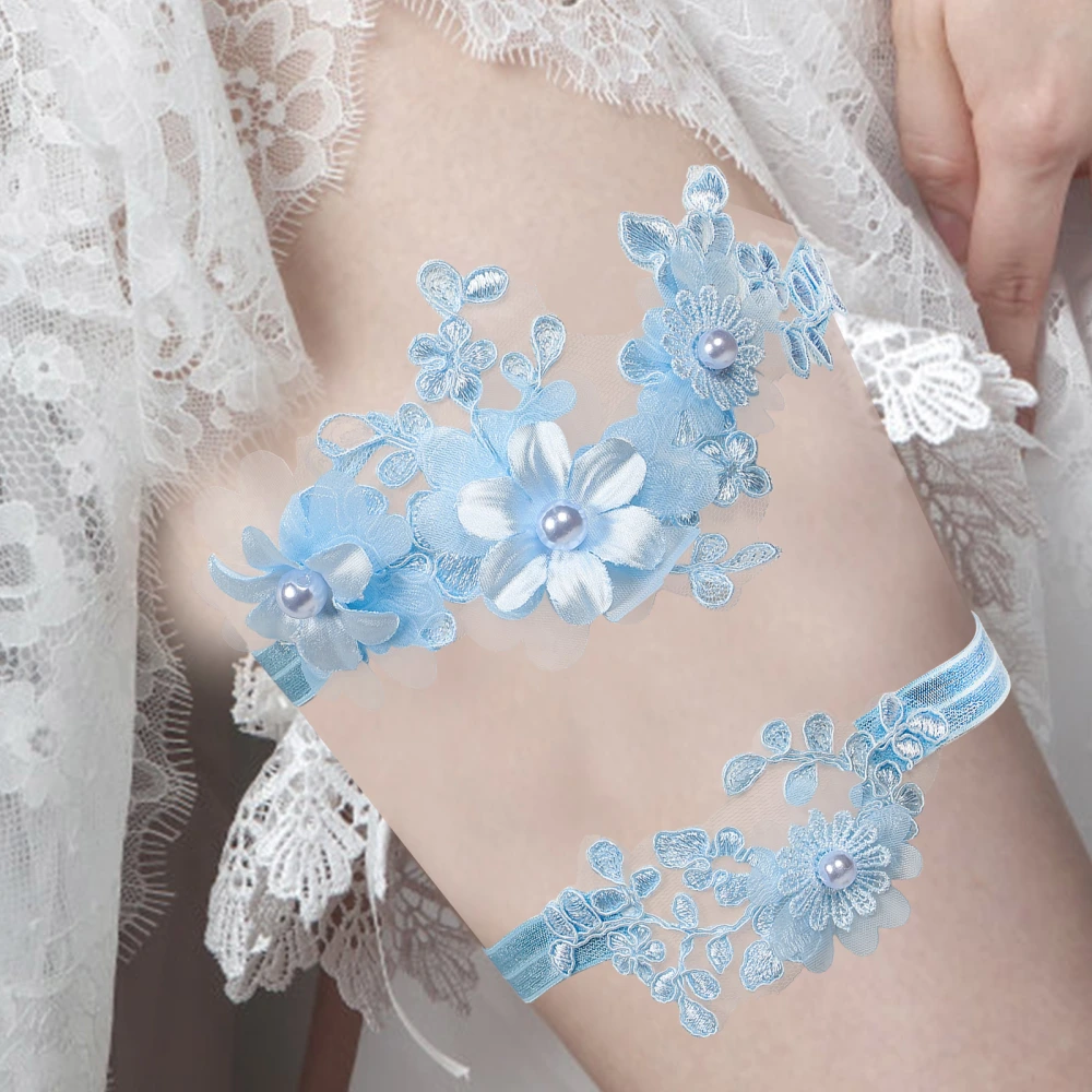 1 Set Elegant Floral Leg Band Lace Pearl Bridal Foot Decor Western Wedding Bride Garter Thigh Ring Sexy Flower Ornaments(Blue)