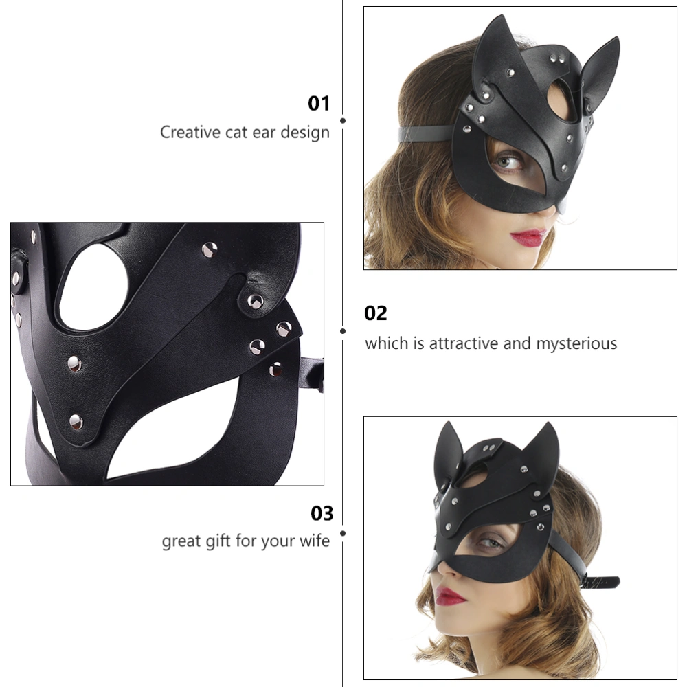 Leather Cat Ear Mask Flirting Mask Adult Toys Sexy Lingerie Accessories (Black)