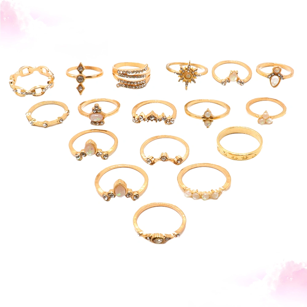 17 pcs Creative Retro Ring Diamond Bohemian Style Knuckle Ring Finger Jewelry Accessory (Golden)