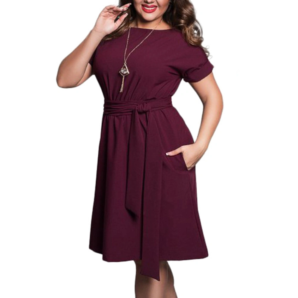 Plus Size High Waist Women Dress Belted Casual Midi Dress Summer Dress Loose Waist Knee Length Dress XXL (Dark Red)