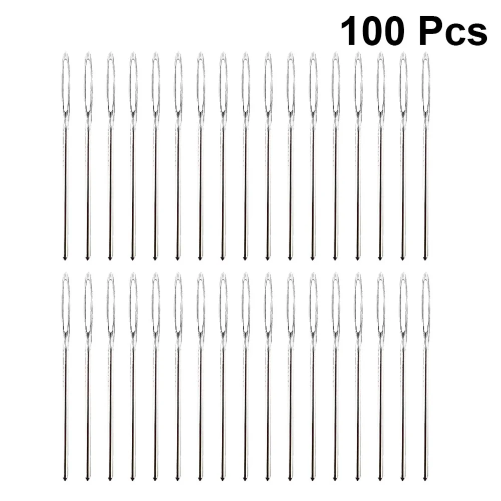 100 Pcs 7CM Blunt Steel Large Hole Needles DIY Yarn Knitting Needles Leather Sewing Accessories for Home Women Gift (Silver)