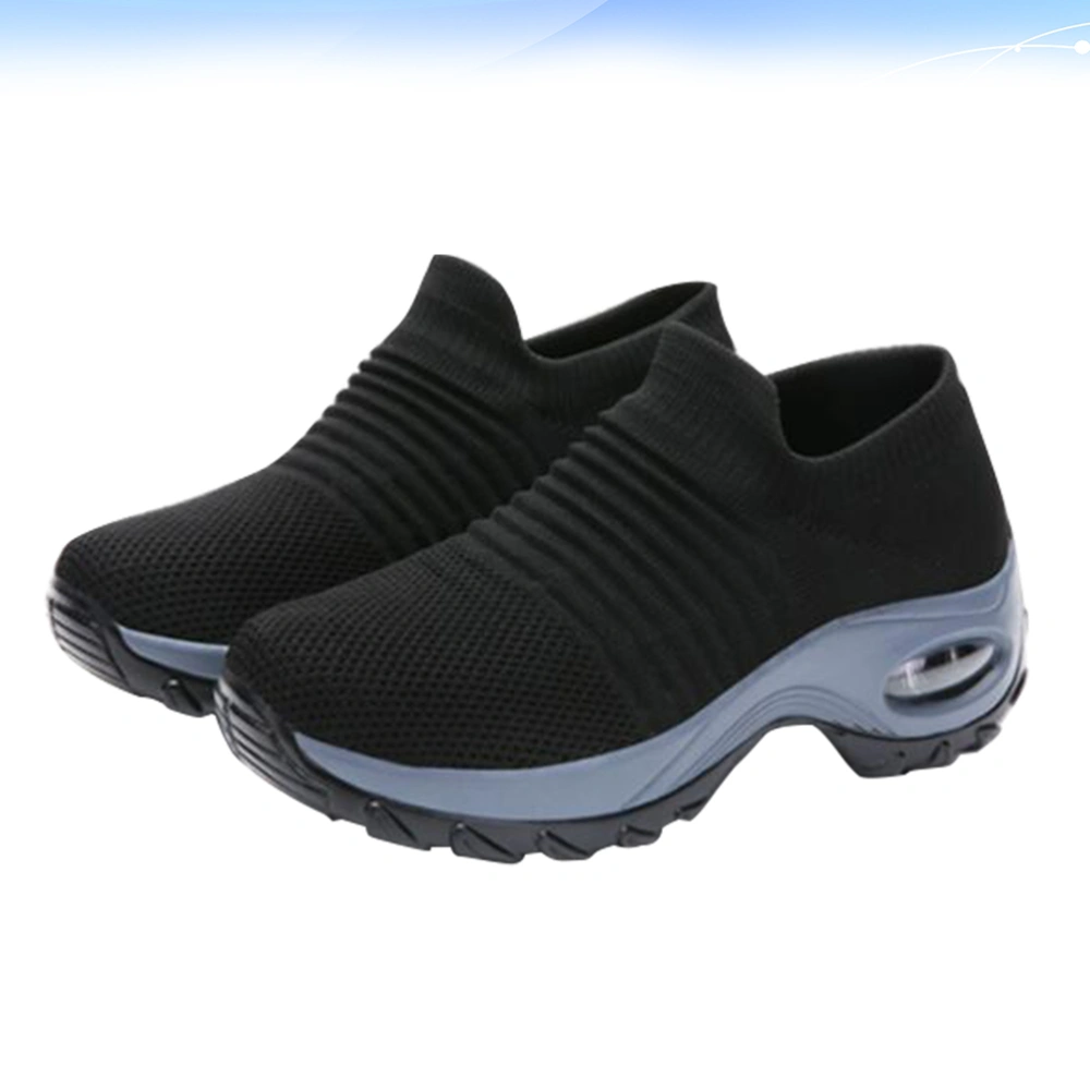 Black Fashion Weaving Running Shoes Breathable Slip-On Casual Sports Shoes Outdoor Activities Shake Sneakers for Women Ladies - Size 38