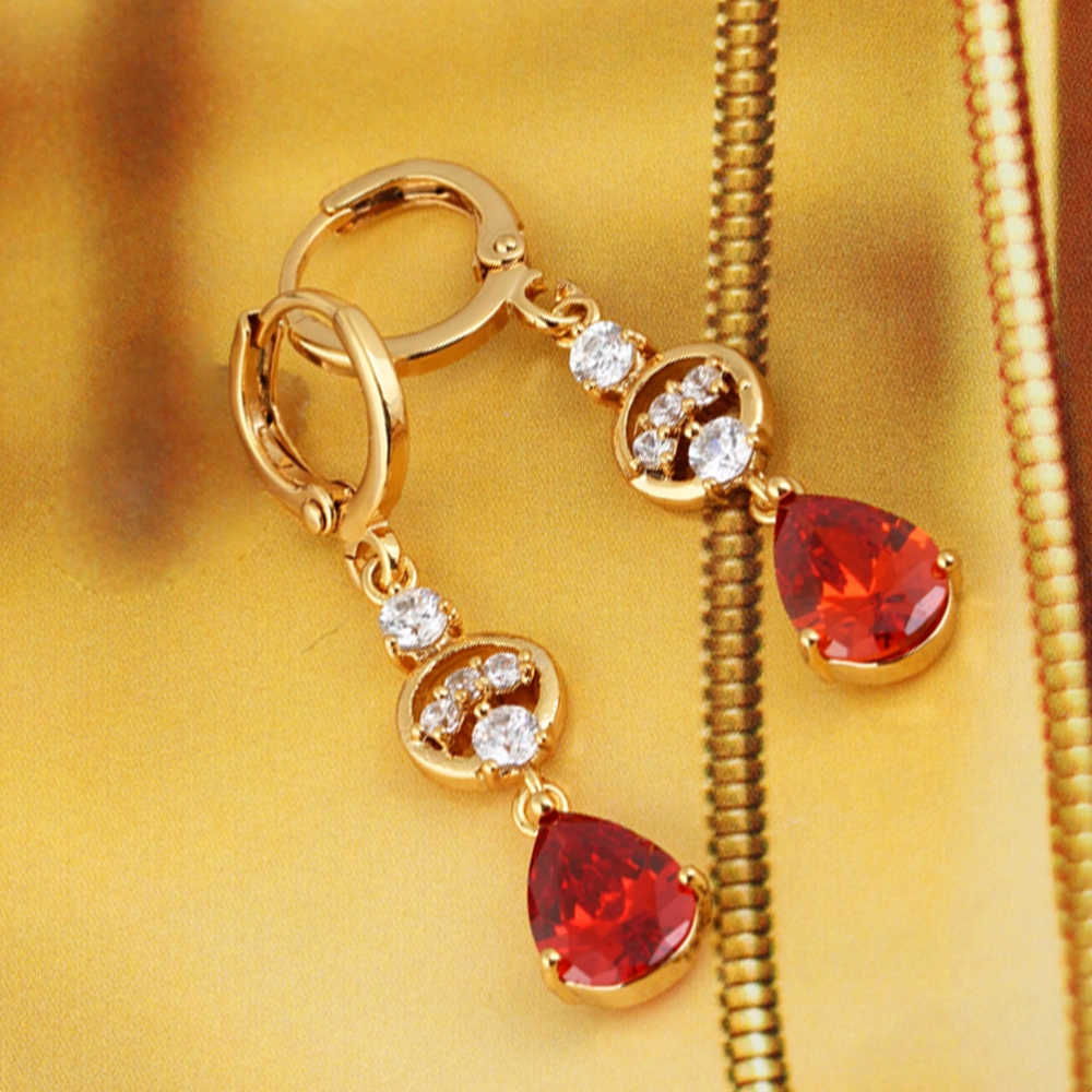 1Pair Women Earrings Simple Glorious Hanging Zircon Ear Rings Ear Studs Rings Gift Decor (Red)