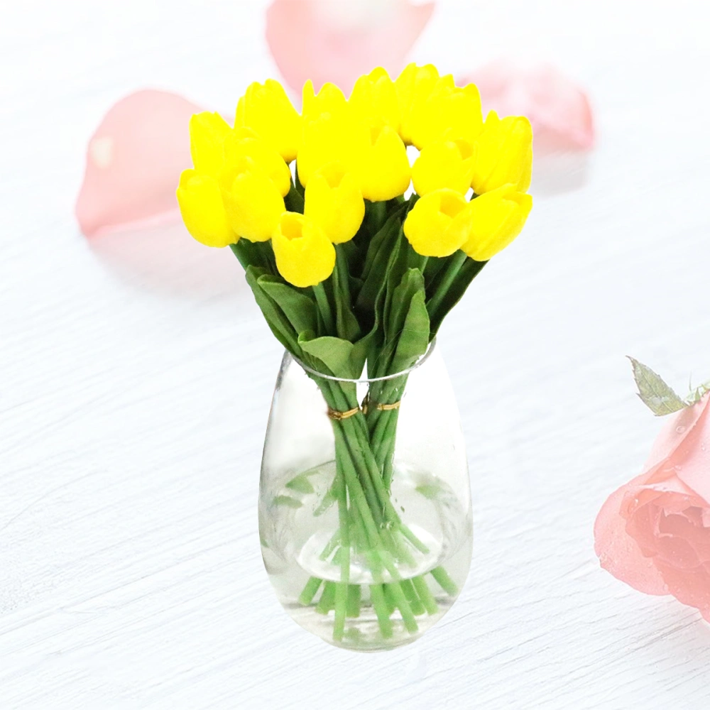 12pcs Real Touch Artificial Mini PU Tulips Fake Flowers Home Office Wedding Bridal Party Bouquet Decorations (Yellow)