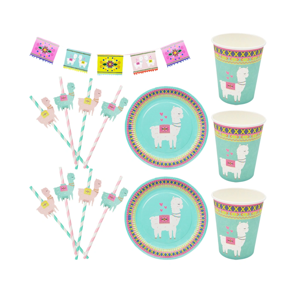 1 Set of 25PCS Disposable Cutlery Kit Cartoon Alpaca Themed Tableware Set Paper Plate Paper Cups Straw Set Lovely Kids Birthday Party Tableware Accessories Green