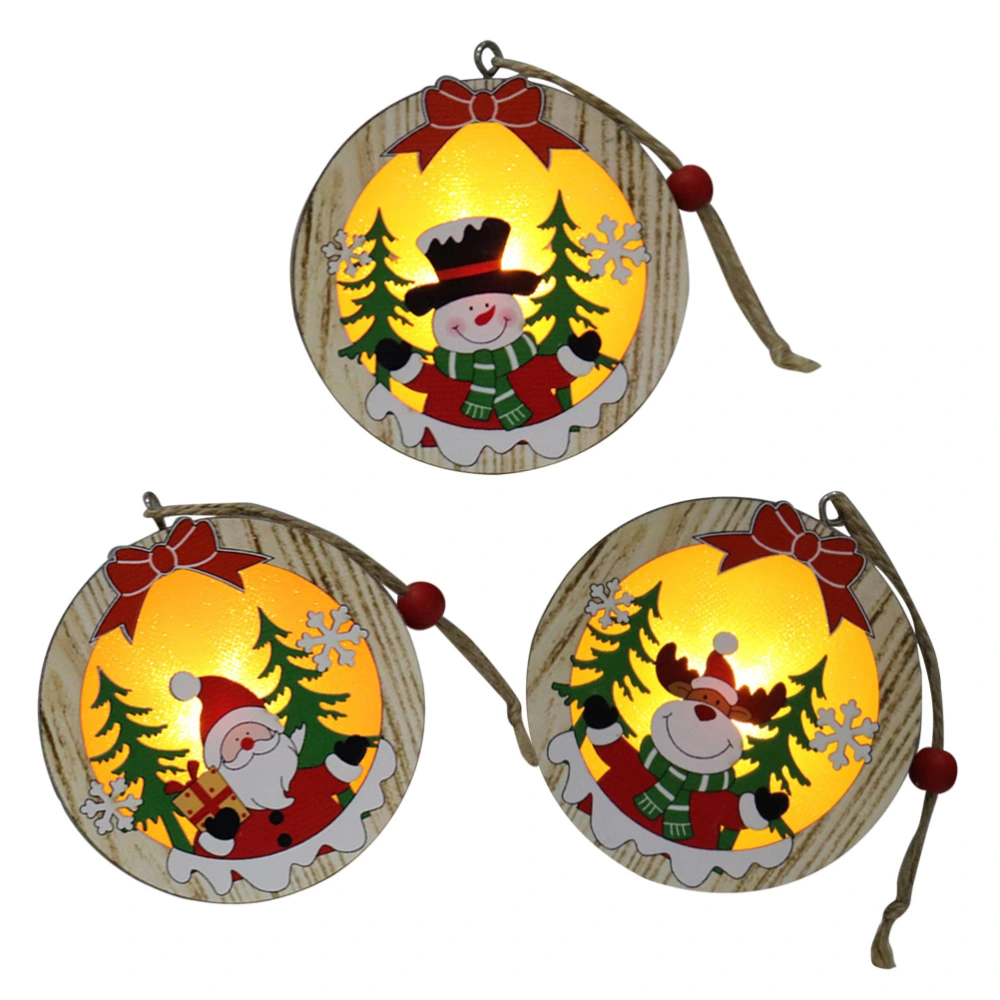 3PCS Round Lighting Hanging Ornament Creative LED Pendant Christmas Wooden Decoration