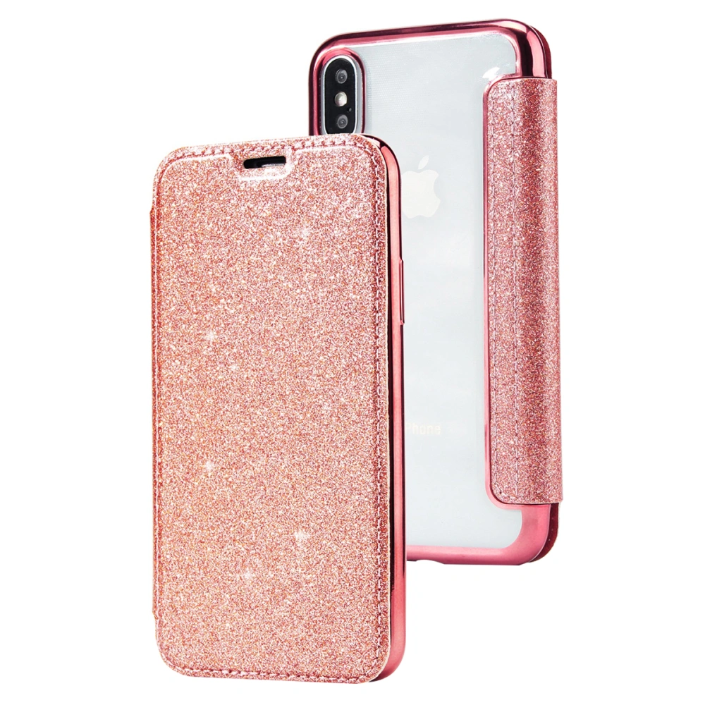 Wallet Case Premium PU Leather + TPU Inner Shell Fold Case With Slot Shockproof Protective Luxury Bling Cover for iPhone X/XS (Glitter Rose Gold)