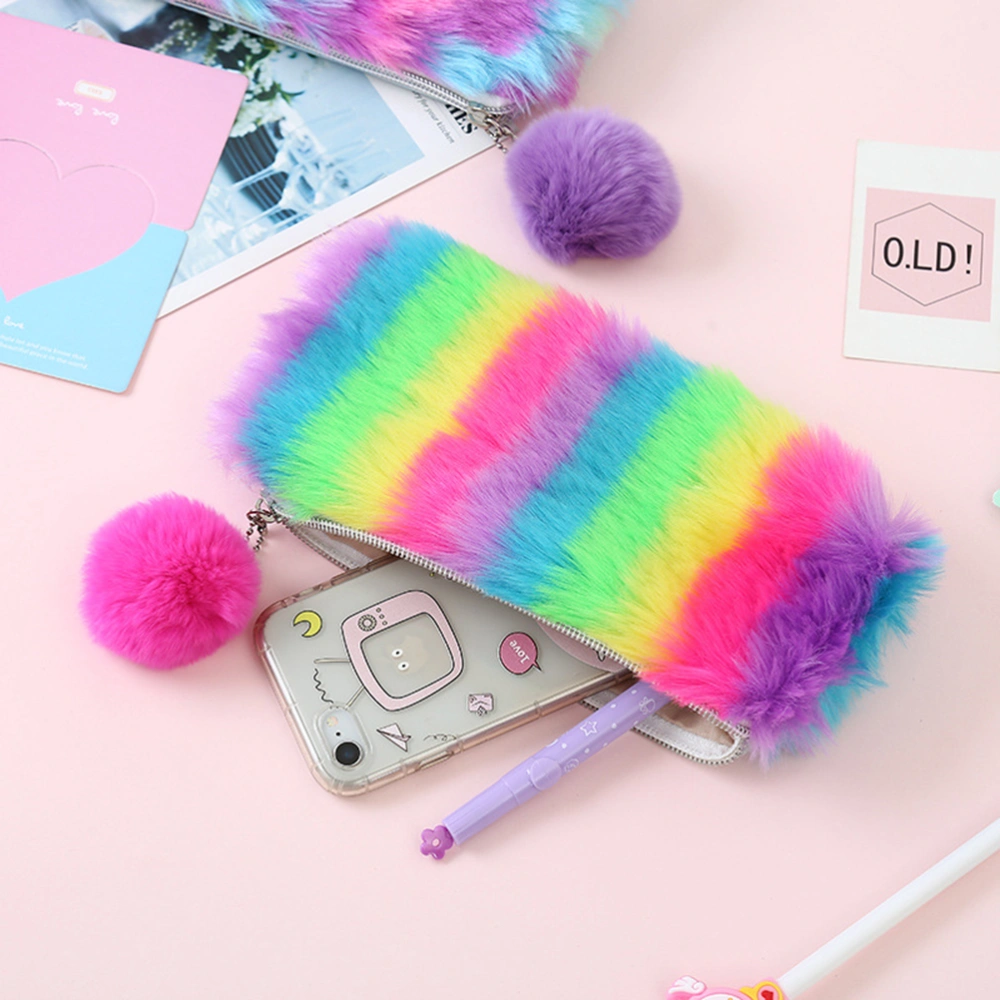 Rainbow Color Fluffy Pencil Bag Stationery Storage Bag Women Cosmetic Bag Pouch Makeup Case Makeup Bags Multifunction Pen(Rainbow Color)