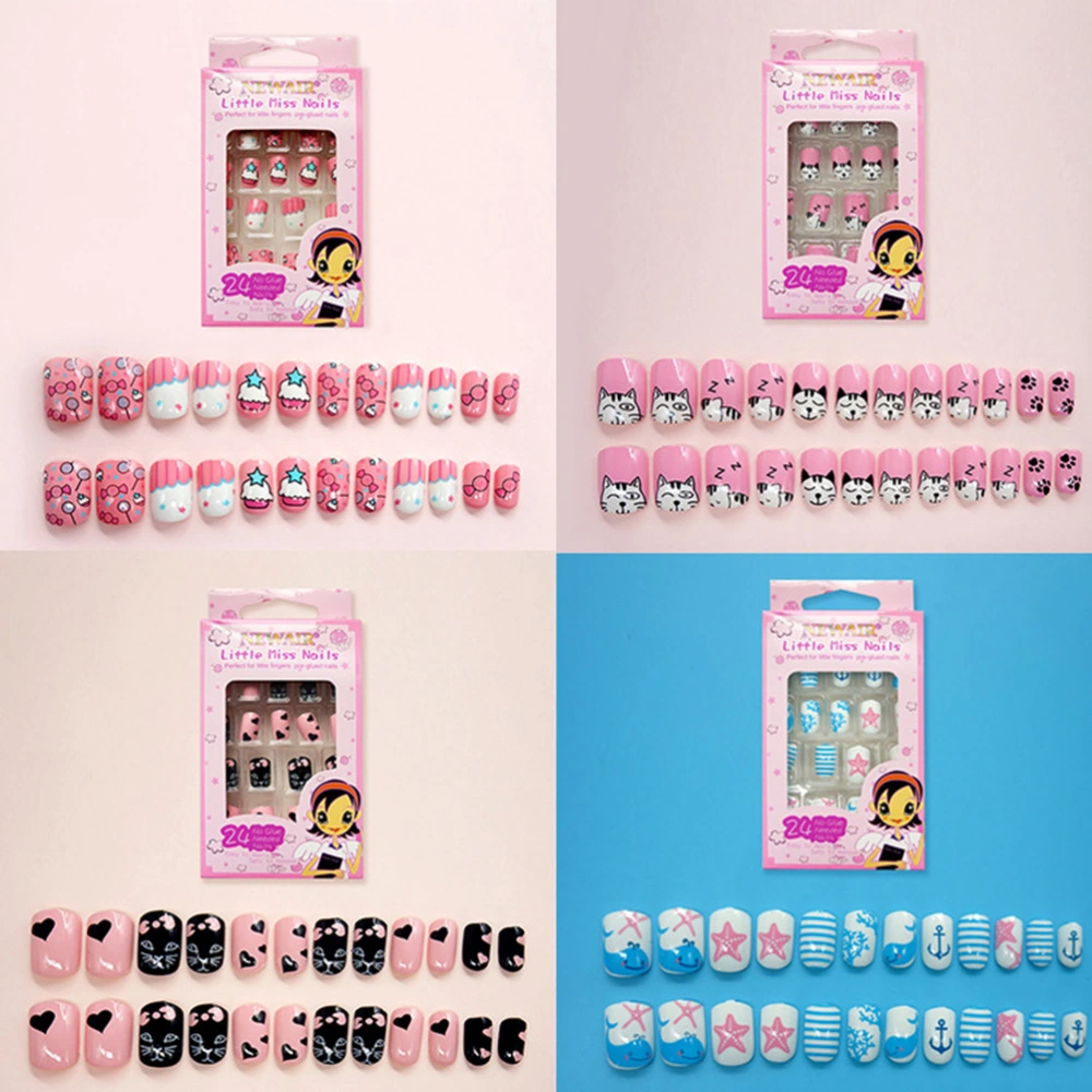 1 Pack 24pcs Kids Nail Art False Tips Full Cover False Nail Fake Nail Artificial Tips Cartoon Design