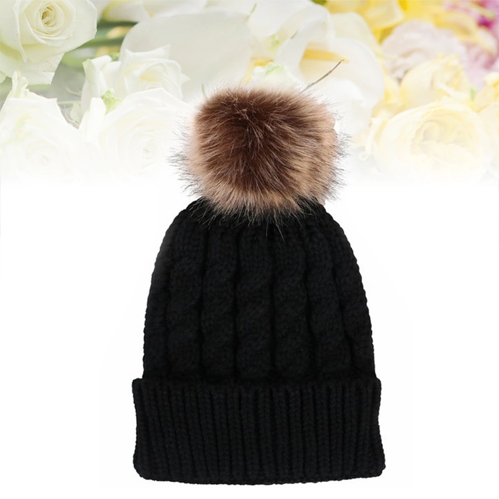 Winter Knit Beanie Hat with Single Pom Pom for Women (Black)
