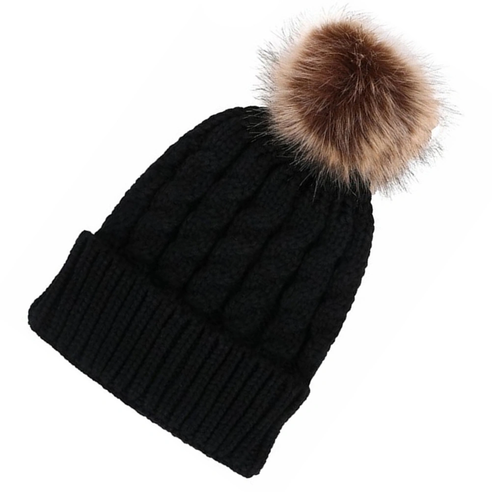 Winter Knit Beanie Hat with Single Pom Pom for Women (Black)