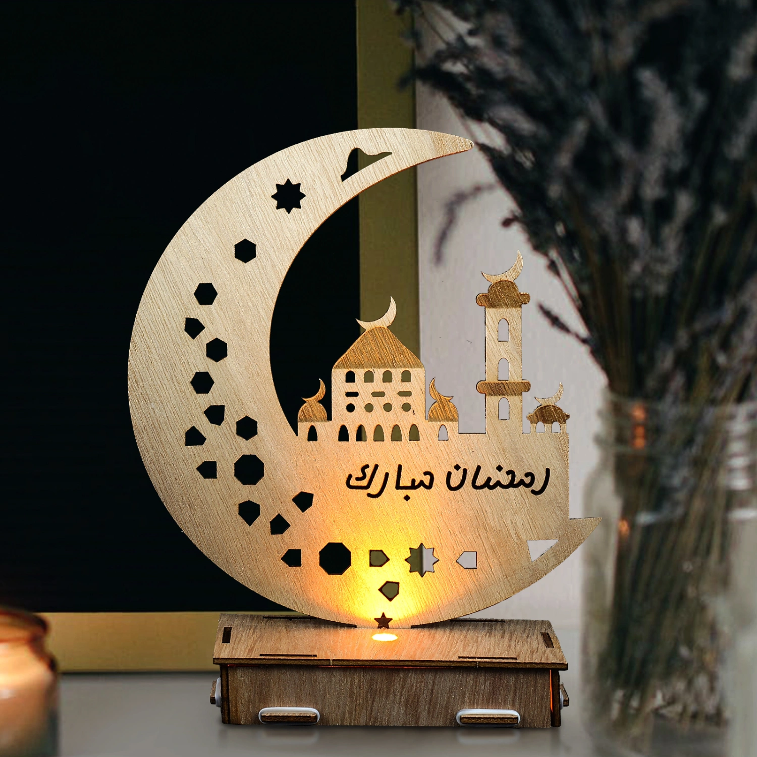 Ramadan Night Light Wood Tabletop Ornament Ramadan Eid Themed Wooden Craft