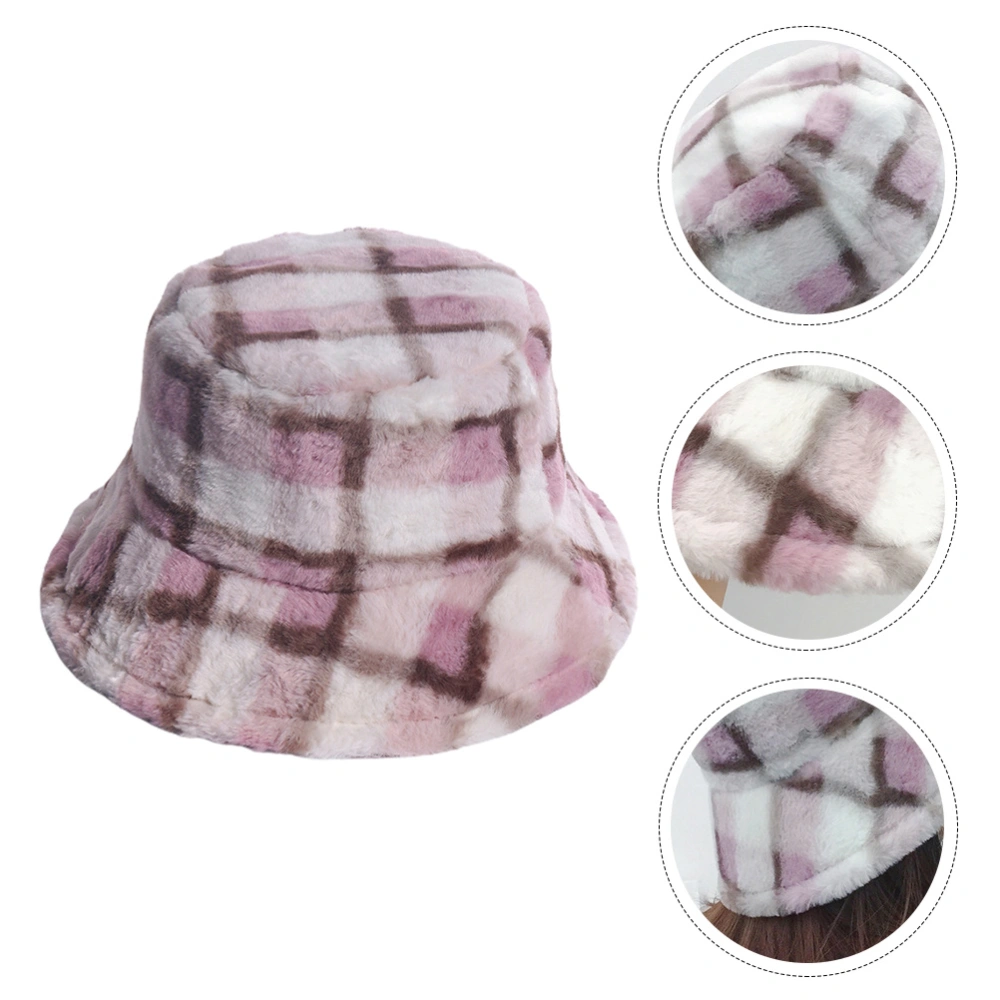 1PC Thickened Plush Hat Plaid Hat Bucket Hat Fisherman Hat for Women Girls