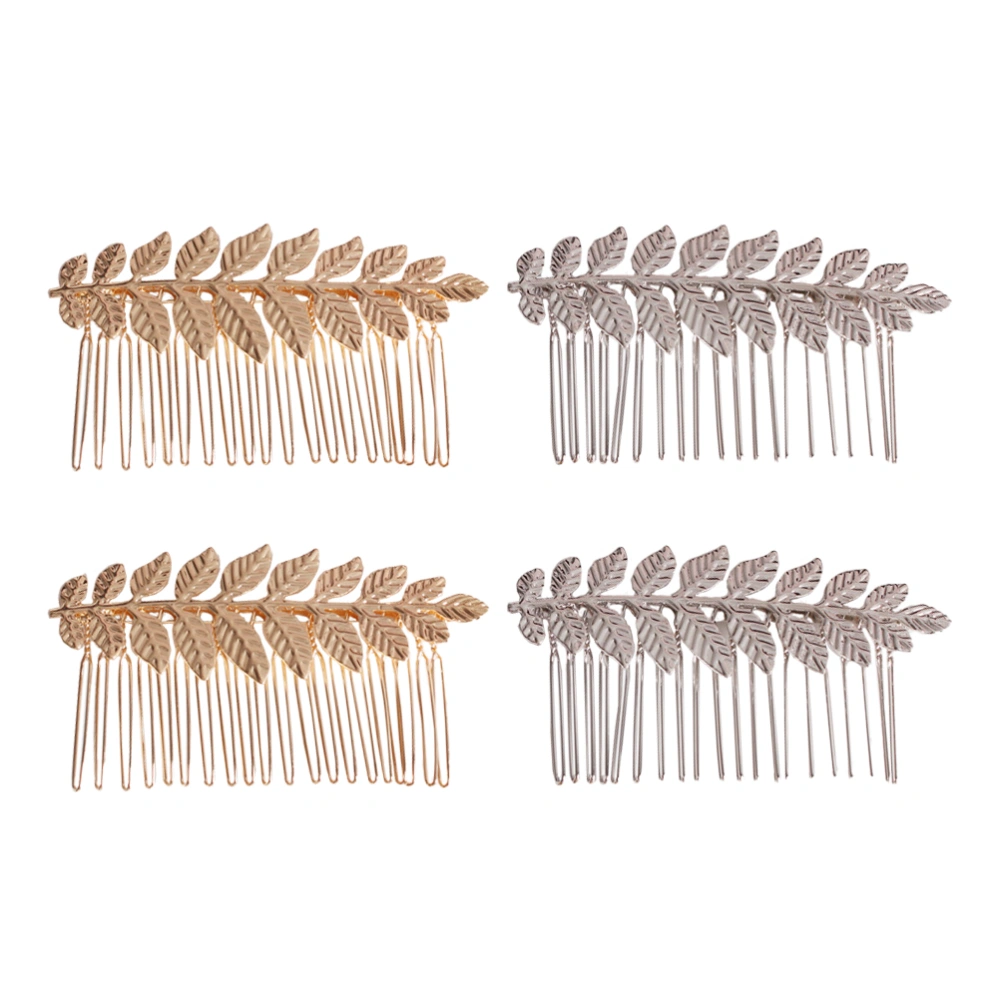 4pcs Metal Leaf Hair Comb Creative Bridal Fork Comb Pretty Hair Accessories (2pcs Golden, 2pcs Silver)