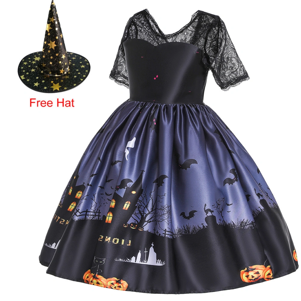 1PC Halloween Children's Dress Cartoon Skirt Halloween Witch Costume Outfit Masquerade Cosplay Dress Set (Black + Black Witch 150cm)