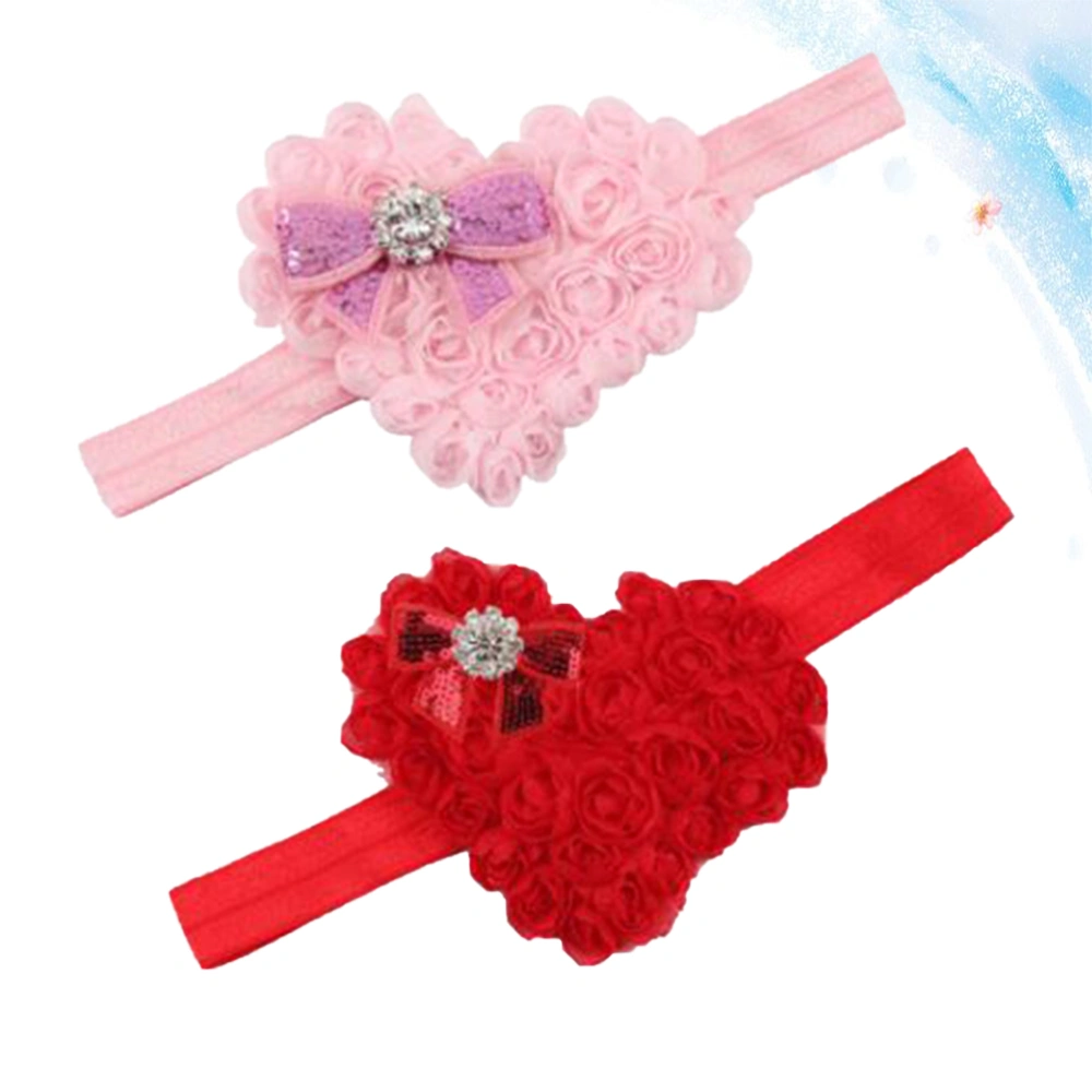 2pcs Heart Shape Bowknot Decor Baby Headband Girls Headbands Children Headwear Hair Accessories (Red, Pink)