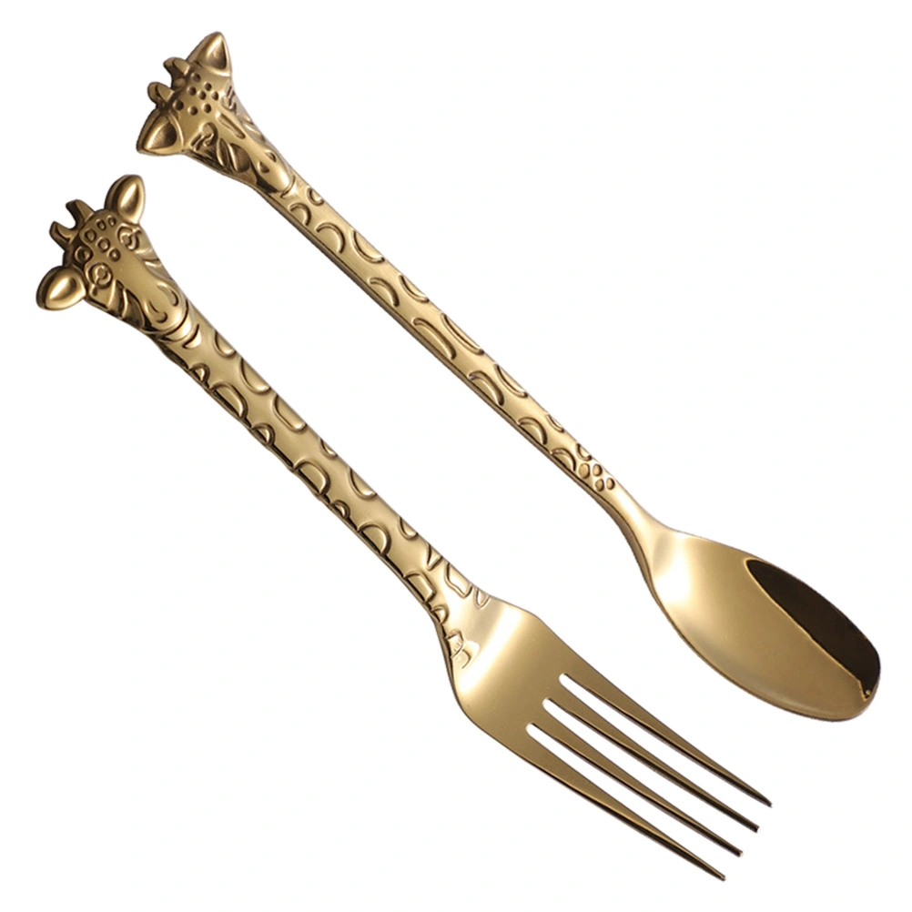 2pcs Dessert Spoon and Fork Set Stainless Steel Mixing Spoon Cartoon Cake Forks for Home Restaurant (Golden)