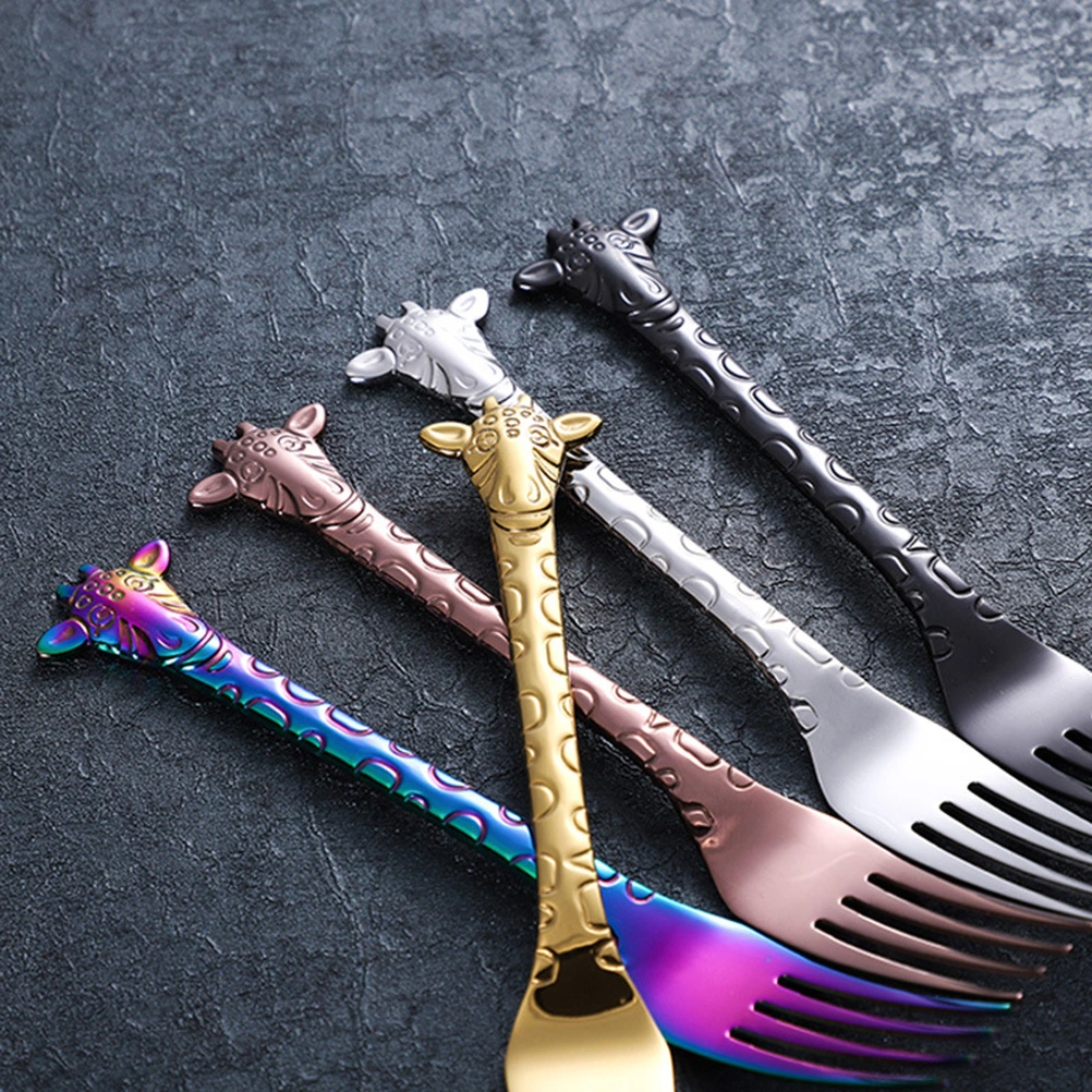 2pcs Dessert Spoon and Fork Set Stainless Steel Mixing Spoon Cartoon Cake Forks for Home Restaurant (Golden)