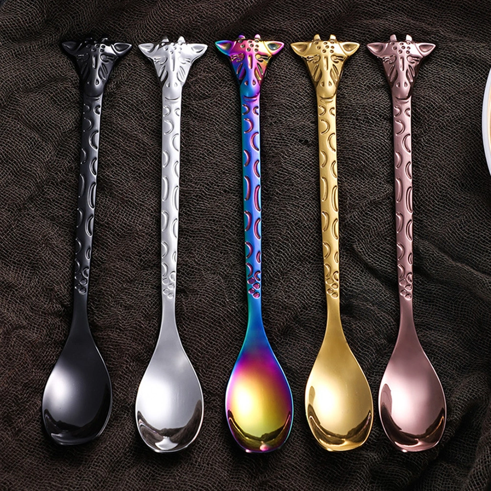 2pcs Dessert Spoon and Fork Set Stainless Steel Mixing Spoon Cartoon Cake Forks for Home Restaurant (Golden)
