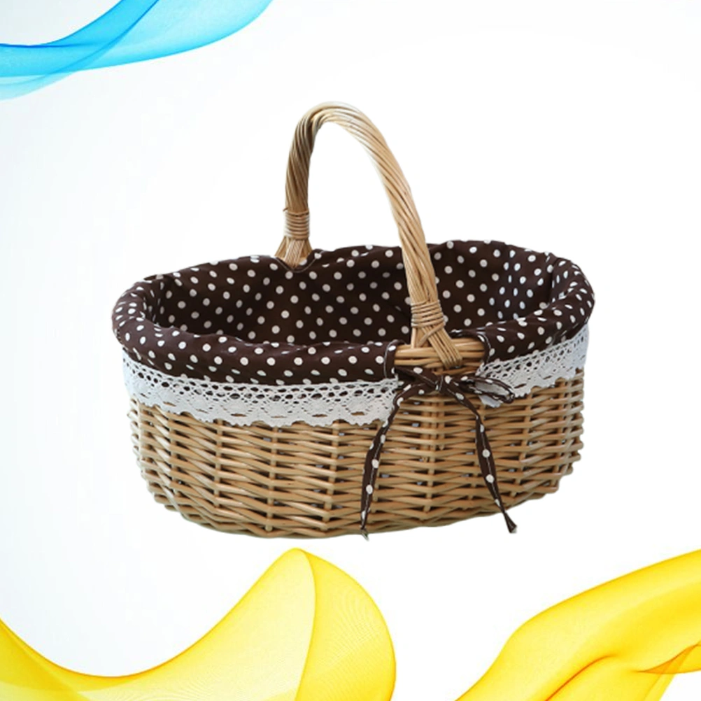 Picnic Bag Gift Basket Wicker Storage Basket Linen Inner Basket for Storage Use Size S (Primary Color Coffe Fabric with White Dots)