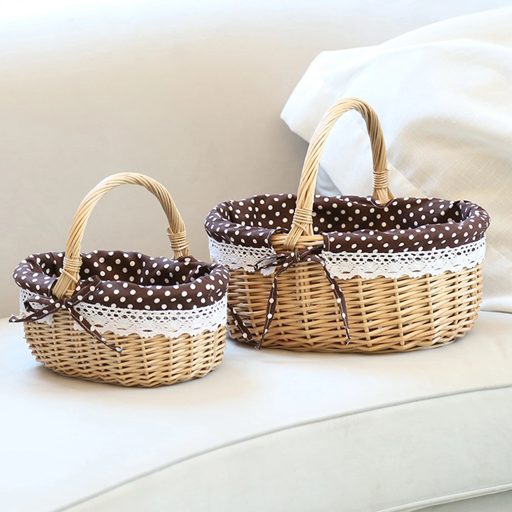 Picnic Bag Gift Basket Wicker Storage Basket Linen Inner Basket for Storage Use Size S (Primary Color Coffe Fabric with White Dots)
