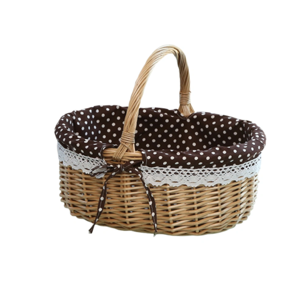 Picnic Bag Gift Basket Wicker Storage Basket Linen Inner Basket for Storage Use Size S (Primary Color Coffe Fabric with White Dots)