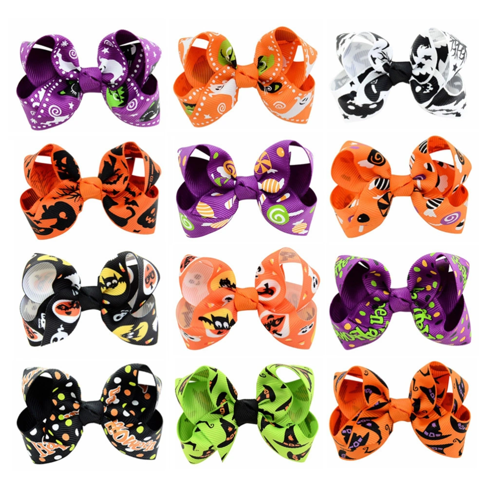 12pcs Halloween Bowknot Hair Clip Cloth Printed Hair Pin Hair Ornament (Mixed Color)