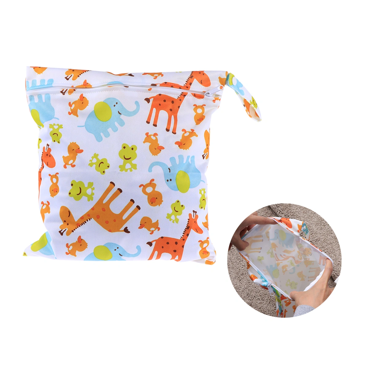 Giraffe Animal Pattern Washable Reusable Waterproof Zippered Baby Cloth Diaper Nappy Bag Wet Dry Bag Tote with Snap Handle (White)