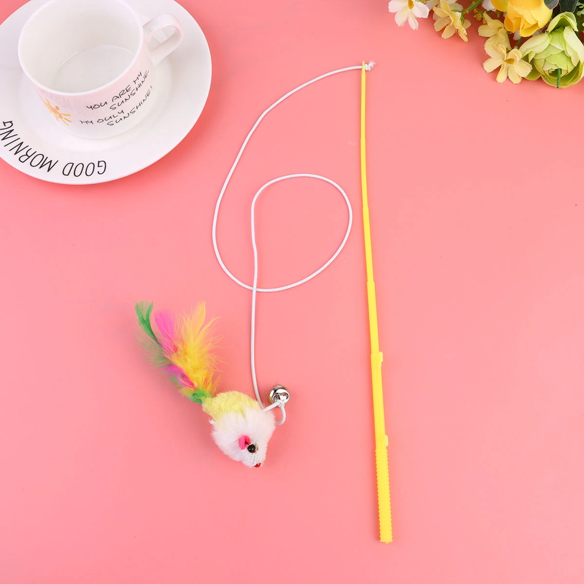 6pcs Mouse Teasing Stick Bell Training Wand Feather Wand Funny Teasing Toy Interactive Stick Toy for Pet Cat