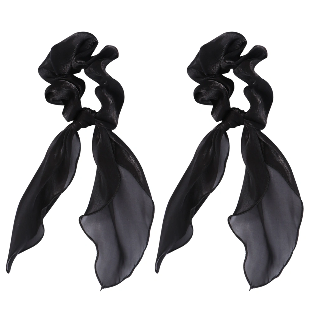 2Pcs Soilid Color Elastic Hair Bowknot Long Cloth Hair Band Ponytail Holders Hair Ropes for Lady (Black)