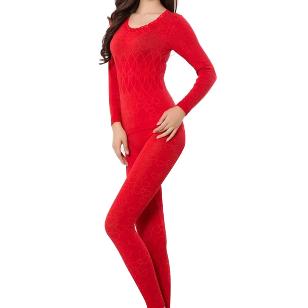 Women's Winter Long Thermal Underwear Seamless Fleece Lined Base Layer Set(Red)