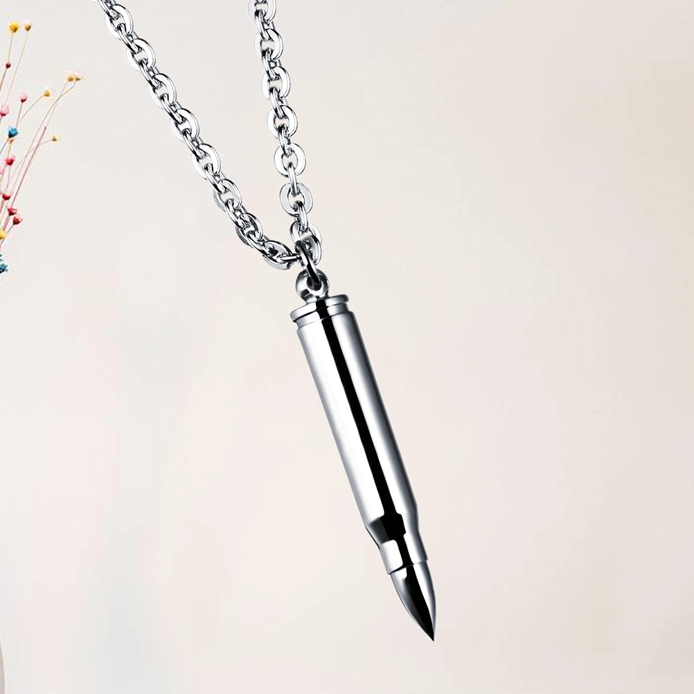 1Pc Titanium Steel Bullet Pendant Necklace Personality Cool Necklace Jewelry for Men Male Silver (with A Chain)