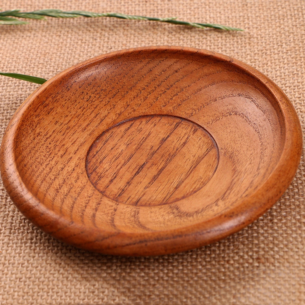1Pc Wooden Bowl Dish Chinese Style Wooden Tableware Round Saucer with Wooden Base for Home Hotel Tea Room (Wood Color)