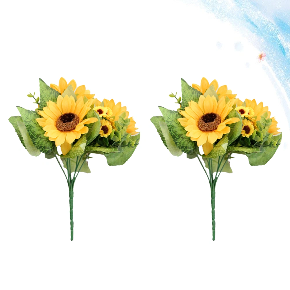 2PCS Artificial Sunflower Bouquet 4 Heads Small Simulation Flower Ornament for Home Wedding Store (Yellow)