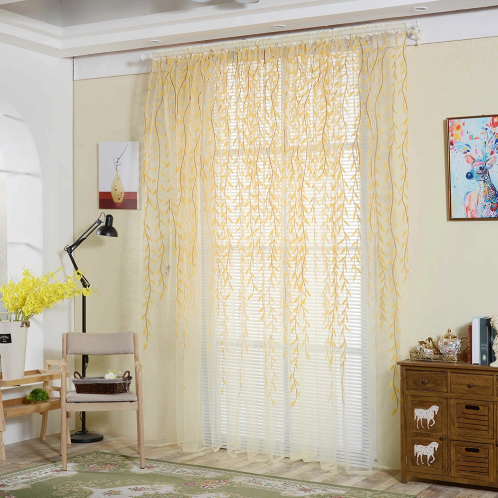 Willow Leaves Printed Window Shade Window Drape Valances Curtain Transparent Tulle Window Sheer Screen For Balcony Bedroom 100X200CM (Yellow)