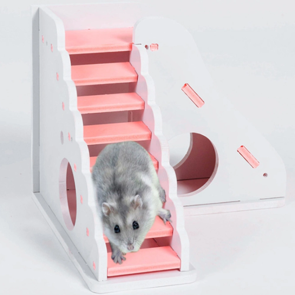 1pc Square Shape Hamster House Wooden Slide Balcony Nest Toy (White, Pink)