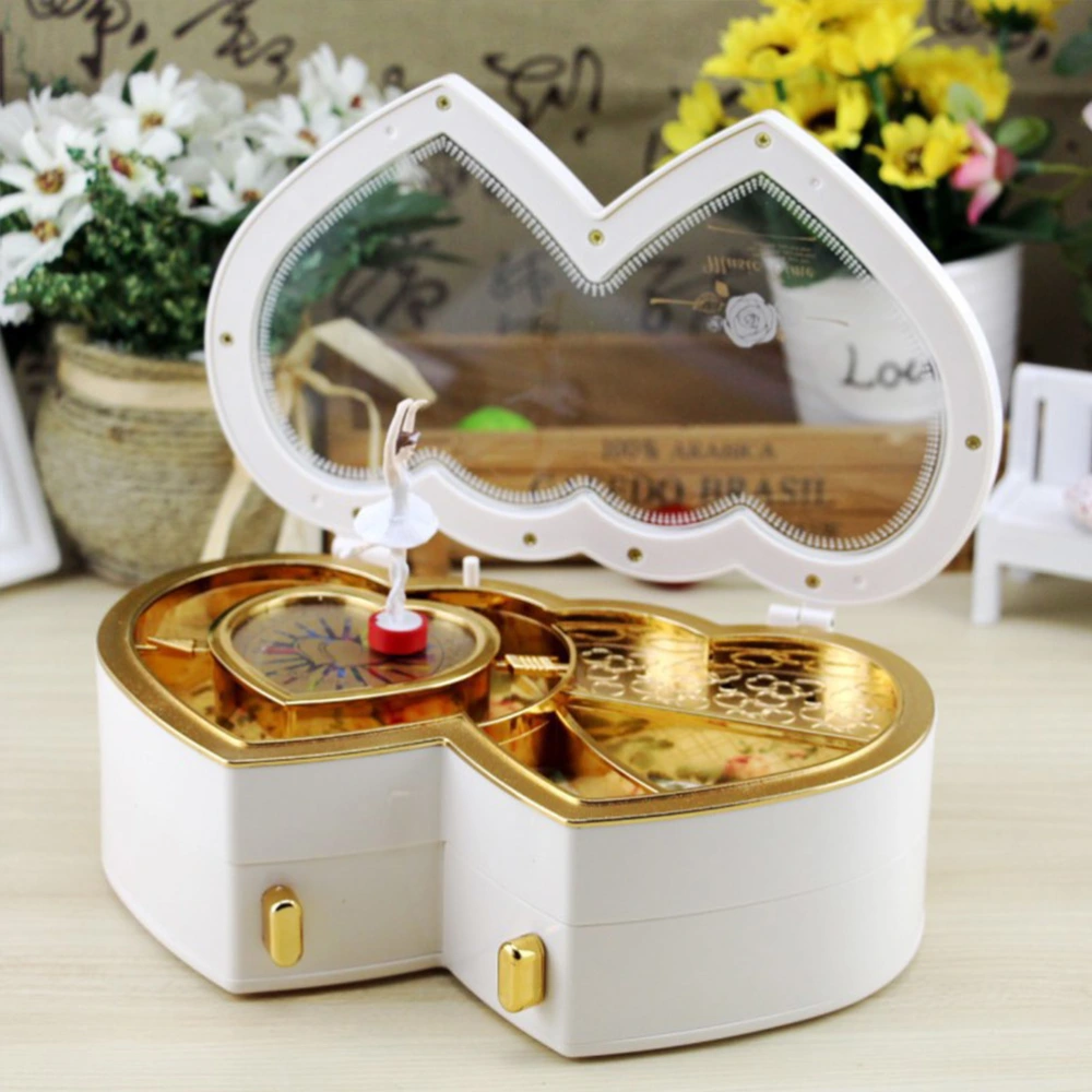 Double Heart Shaped Music Box Dancing Girl Ballerina Music Box Desktop Crafts Home Decor (White)