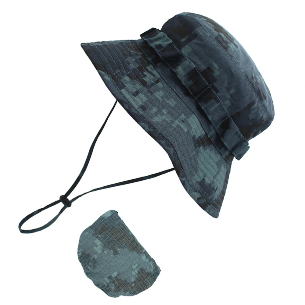 Camouflage Boonie Hat Ripstop Bucket Hat with Chin Strap for Sports Hunting Fishing Sun Protection (Blue Black Camouflage）