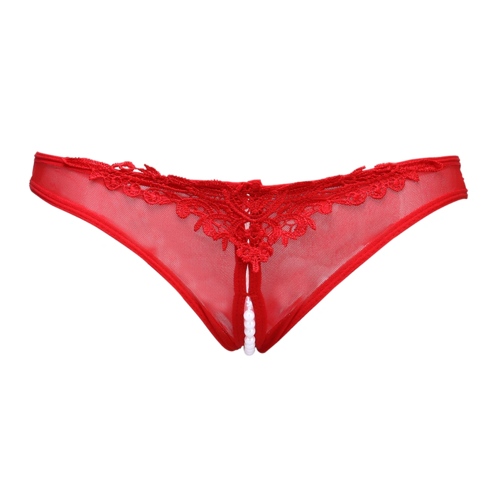 Pearl Open Crotch Mesh Briefs Erotic Lingerie Sex Underwear for Women (Red)