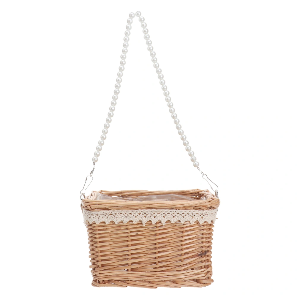 1pc Rattan Woven Flower Basket Flower Arrangement Container Pearl Handle Basket